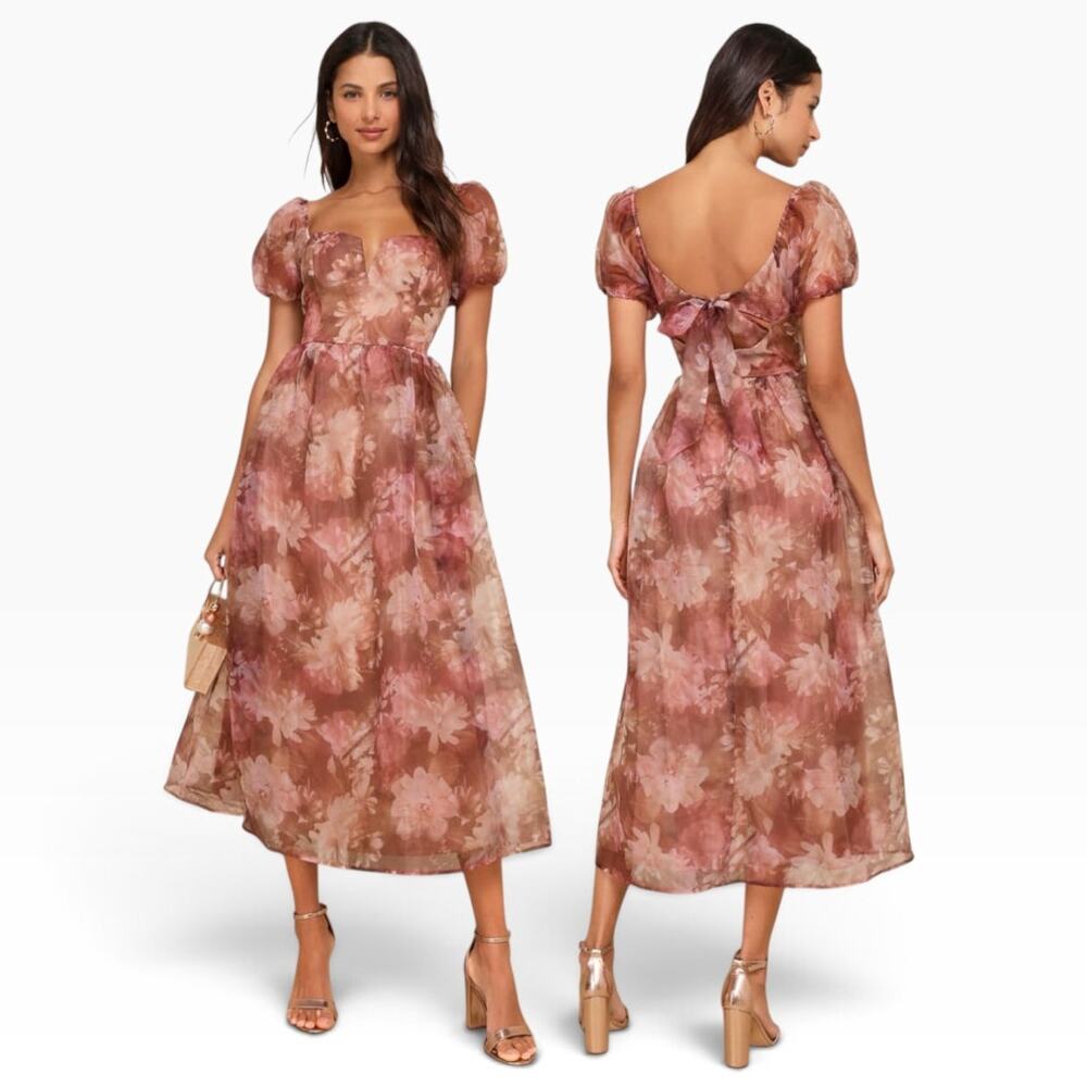 Lulus Lovely Statement Light Brown Floral Organza Tie-Back Midi Dress size XL